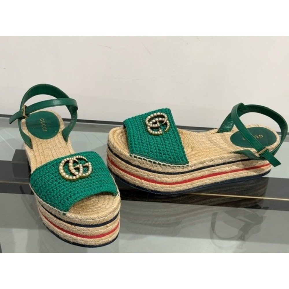 Authentic GUCCI Green Pearl Logo Platform Espadrille Size 37